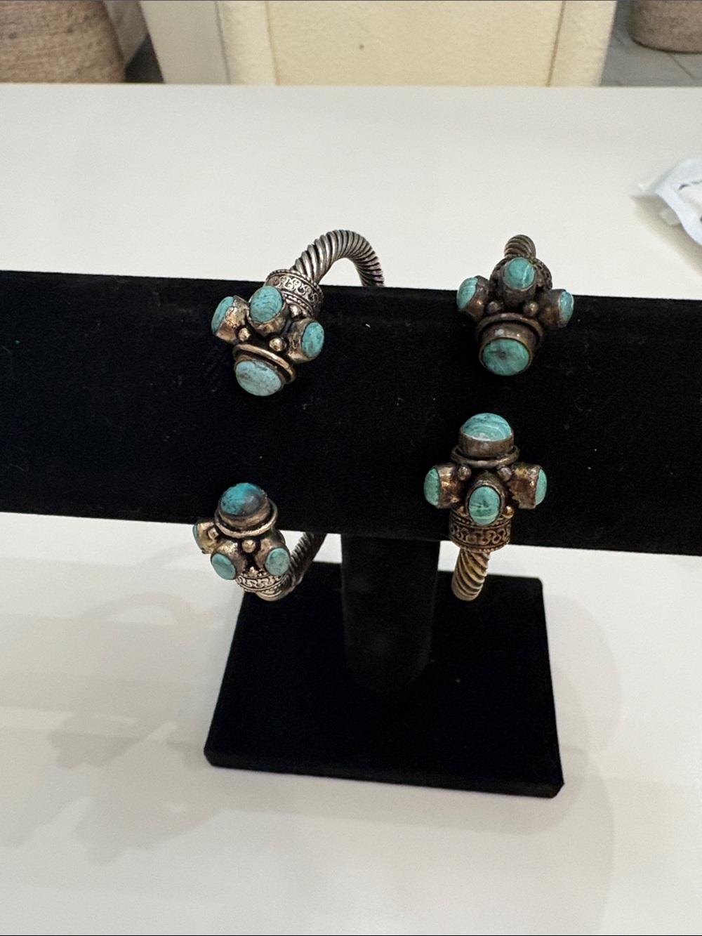 Vintage Tribal Silver Plated Cable Cuff Bracelets-2 Bangle Torque w/ Turquoise